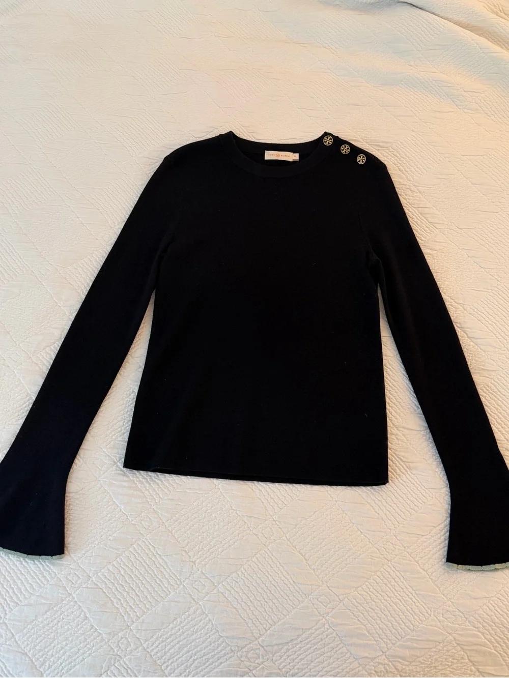 Tory Burch Kimberly Black Merino Wool Sweater with Bell Sleeves
